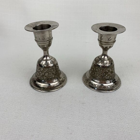 Vintage set of 2 Silver Candle stick‎ Holders ZY India World Gift Bell Shaped - Picture 1 of 10